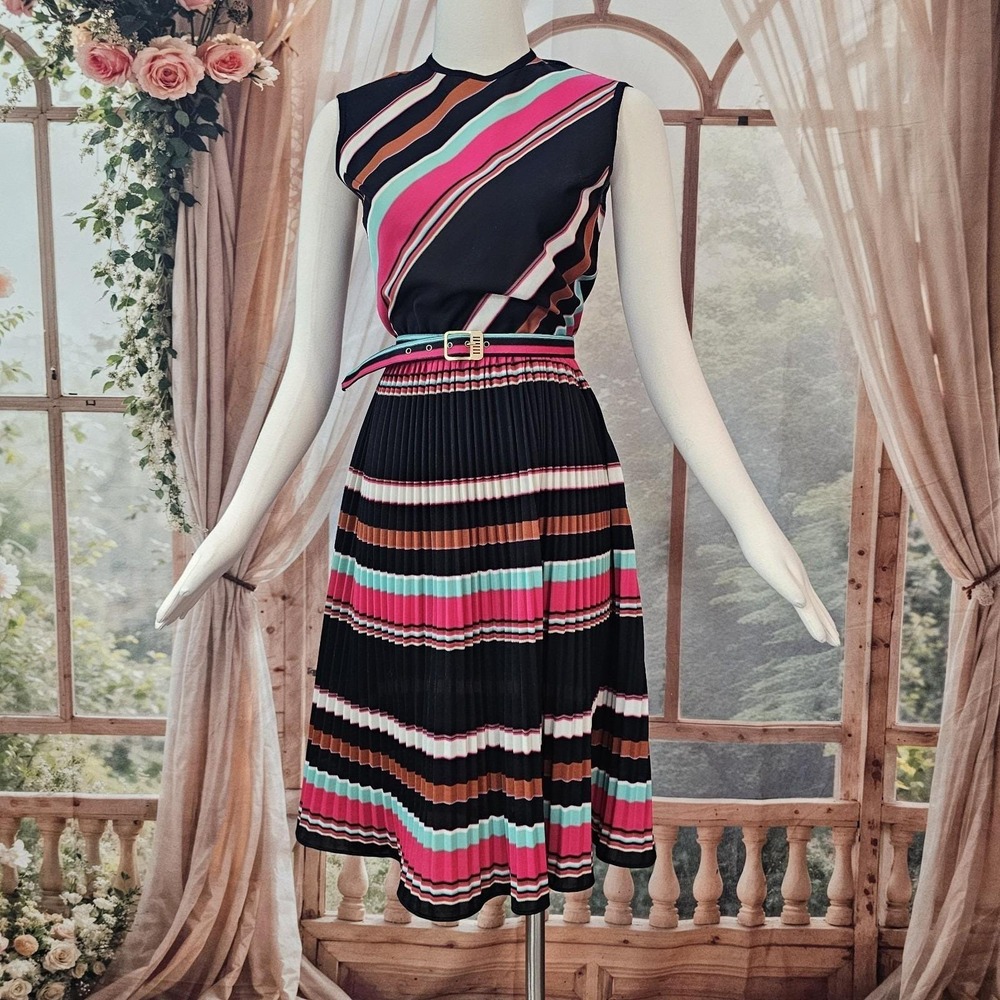 Vintage 1960's Dress Pleated Skirt Shift Mod Striped Brown Pink Sleeveless